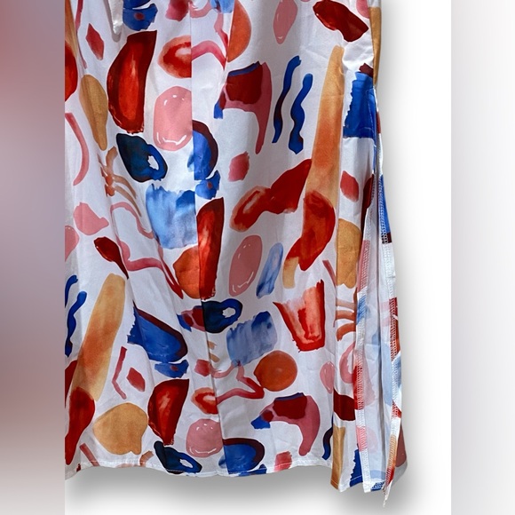 Abstract Paint Print Tie-Back Slip Dress Size Small Cutout Midi Spaghetti Strap - Picture 6 of 6